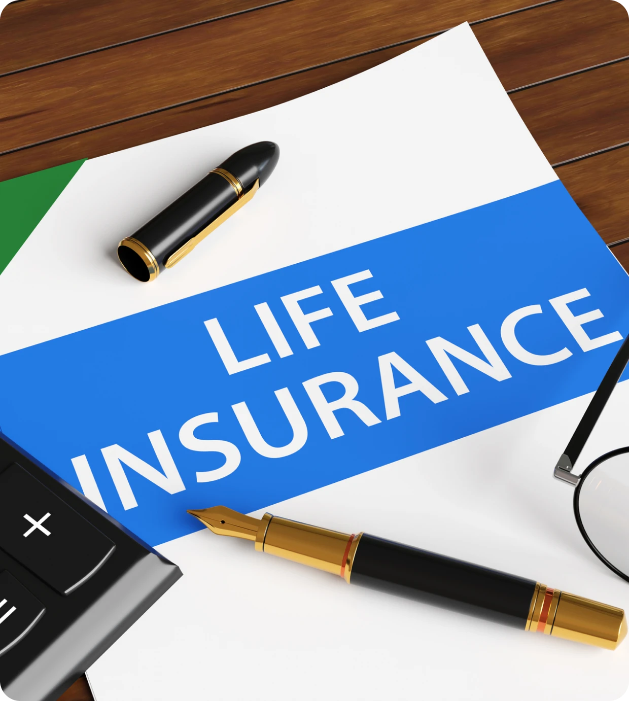 Life insurance paperwork on wooden desk.